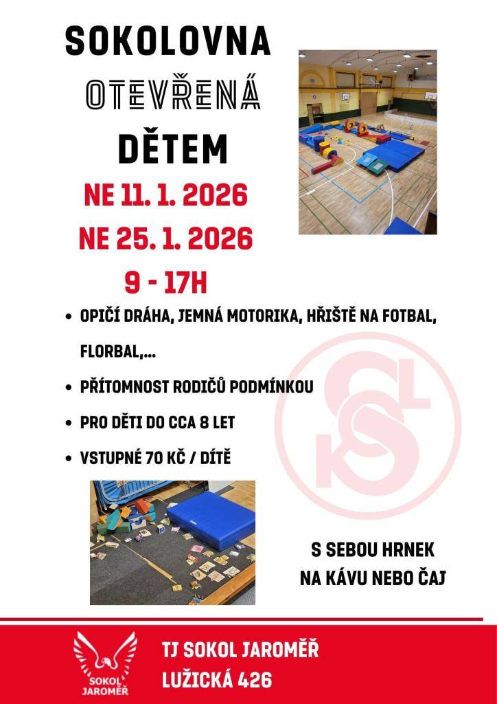 Otevřená sokolovna pro děti nabízí možnost vyzkoušet si různé aktivity jako opičí dráhu, jemnou motoriku, fotbal a florbal. Akce je určena pro mladé lidi do cca 8 let a přítomnost rodičů je podmínkou. Vstupné činí 70 Kč za dítě a doporučujeme si vzít s sebou hrnek na kávu nebo čaj.