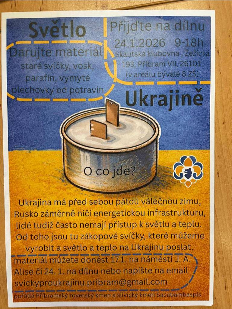 Skauti pořádají akci Světlo Ukrajině. Dílna bude probíhat v sobotu 24. ledna 2026 v Příbrami, ale sbírka materiálu (svíčky, vosky, plechovky) probíhá celý týden v milínské knihovně.