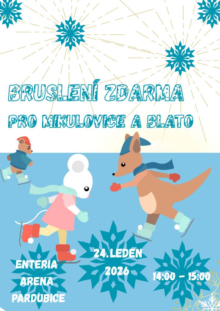 Na tuto sobotu 24. ledna 2026 jsme pro Vás připravili veřejné bruslení na zimním stadionu v Pardubicích.  Ledová plocha je pronajata v sobotu od 14 do 15 hodin.