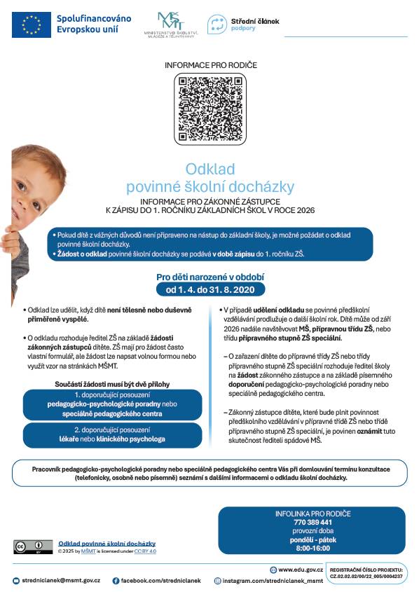 Informace k odkladu PŠD - děti narozené 1. 4. - 31. 8. 2020 (leták MŠMT).