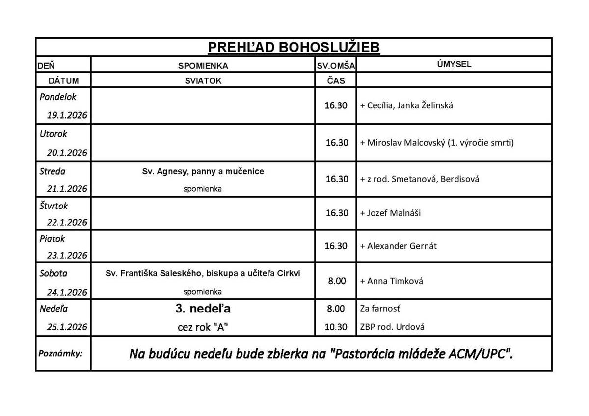 Prehľad Bohoslužieb 19.1.2026- 25.1.2026
