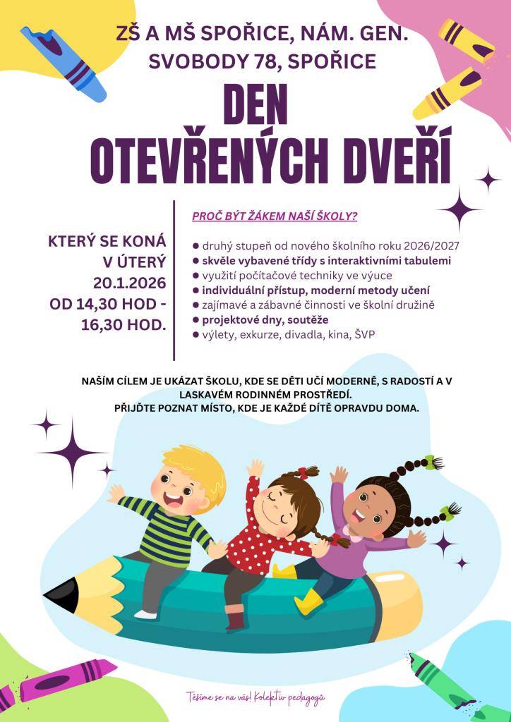 Základní škola Spořice vás srdečně zve na Den otevřených dveří.  Přijďte si prohlédnout školu, nahlédnout do výuky a seznámit se s prostředím, ve kterém se děti učí a rozvíjejí.  Těšíme se na budoucí žáky i jejich rodiče!