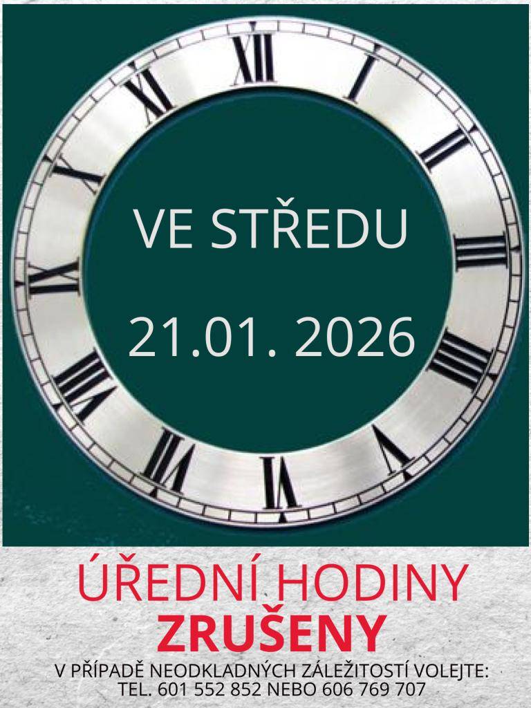 Úřední hodiny jsou zrušeny. Pokud potřebujete řešit neodkladné záležitosti, neváhejte nás kontaktovat na uvedených telefonních číslech nebo emailem.