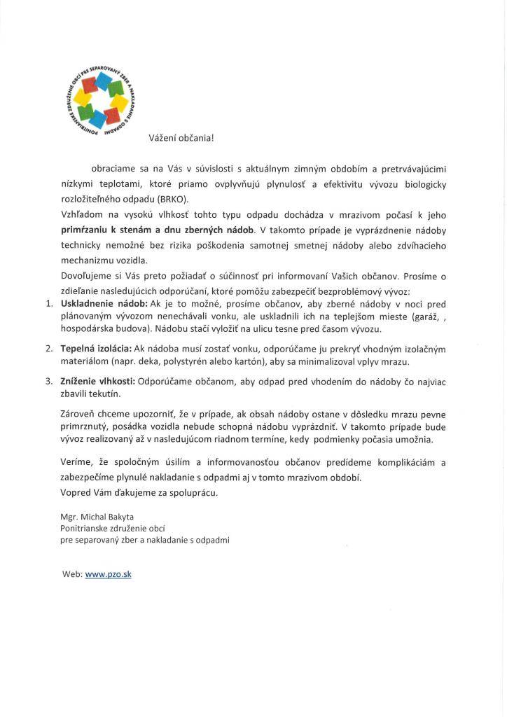 PZO sa obracia na občanov obce Pohranice  o súčinnosť pri vykladaní   nádob na bio odpad. Informácie  v prílohe.