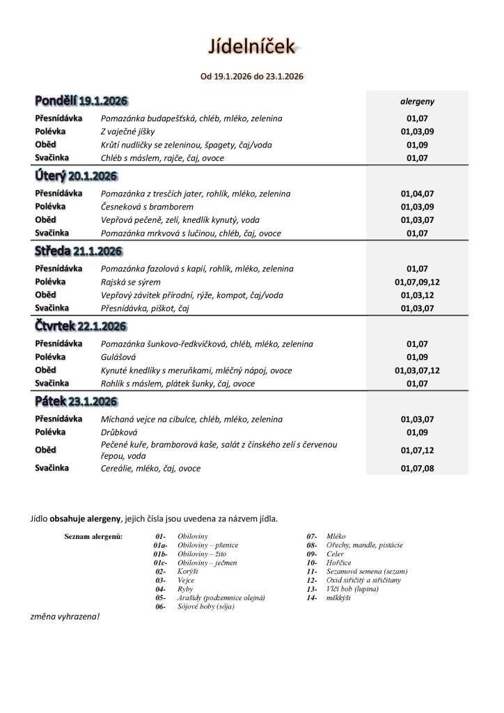 Jídelníček základní školy platný v týdnu od 19. do 23.1.2026