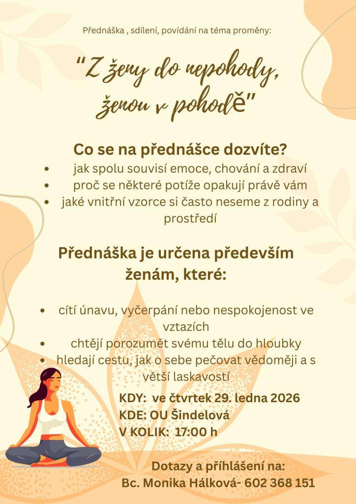 Přednáška, sdílení, povídání na téma proměny Z ženy do nepohody, ženou v pohodě