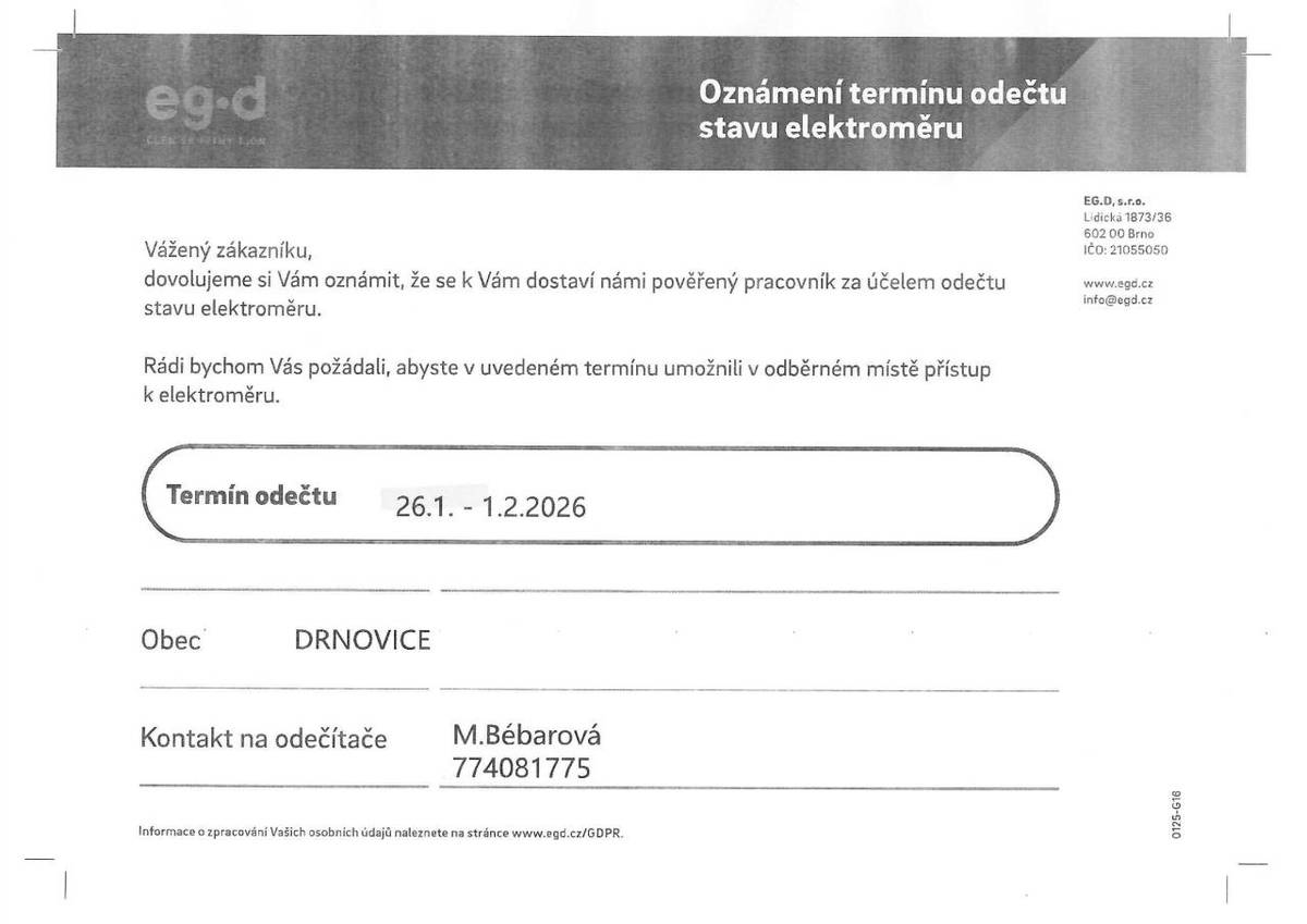 Oznámení termínu odečtu stavu elektroměru od 26.1.2026 do 1.2.2026.