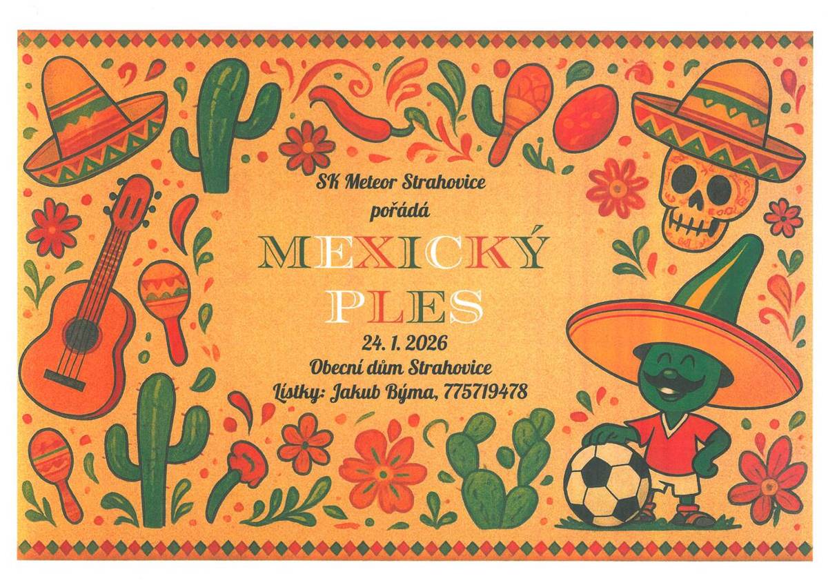 V sobotu 24. ledna 2026 od 19.00 hod. v sále Obecního domu ve Strahovicích. Vstupné 250 Kč/osobu. Převlek v mexickém stylu není podmínkou.