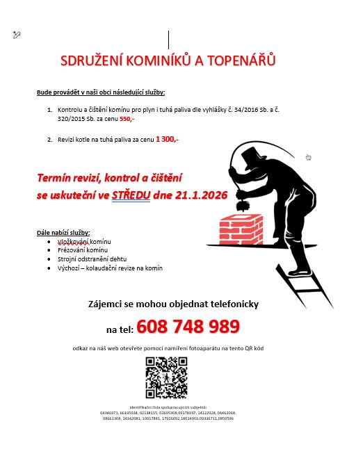 Sdružení kominíků a topenářů bude provádět v naší obci kontrolu a čištění komínů.
