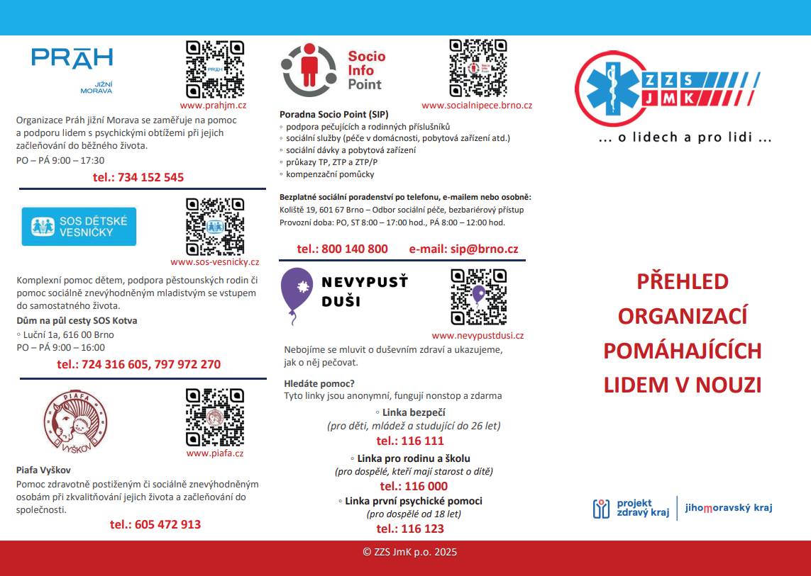 Na jednom místě najdete kontakty na bezplatné sociální a krizové služby v Jihomoravském kraji – pomoc pro děti, dospělé, rodiny i osoby s duševními obtížemi. Neváhejte se obrátit o pomoc nebo informace.