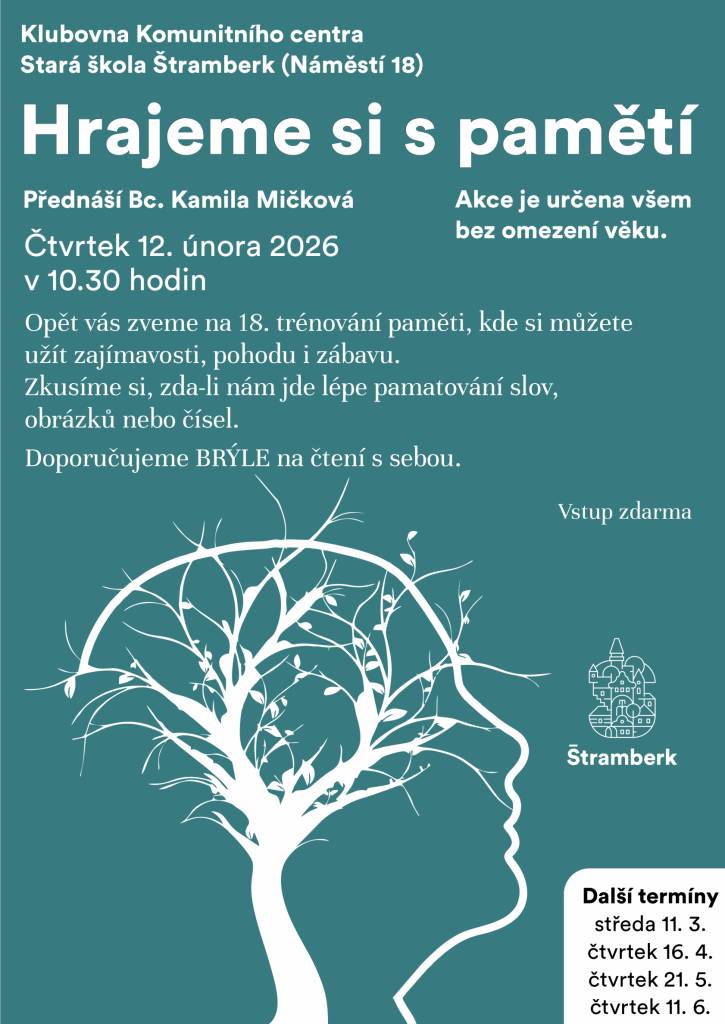 Přednáší Bc. Kamila Mičková.    Zkusíme si, zda-li nám jde lépe pamatování slov, obrázků nebo čísel.  Doporučujeme brýle na čtení s sebou.  Akce je určena všem, bez omezení věku.