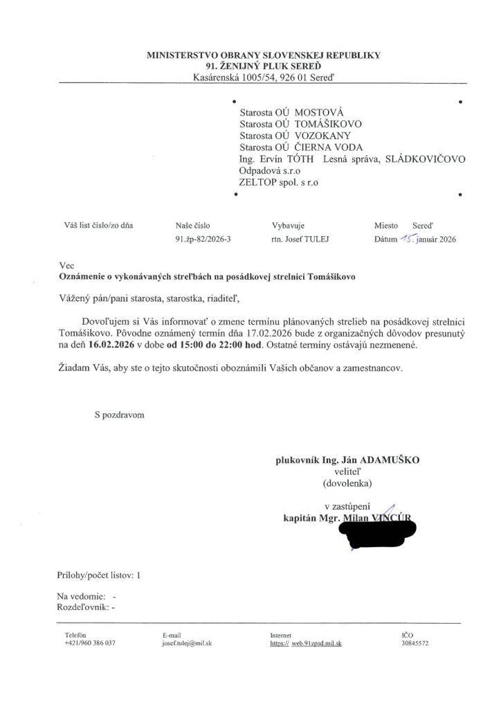 Oznámenie o zmene strelieb