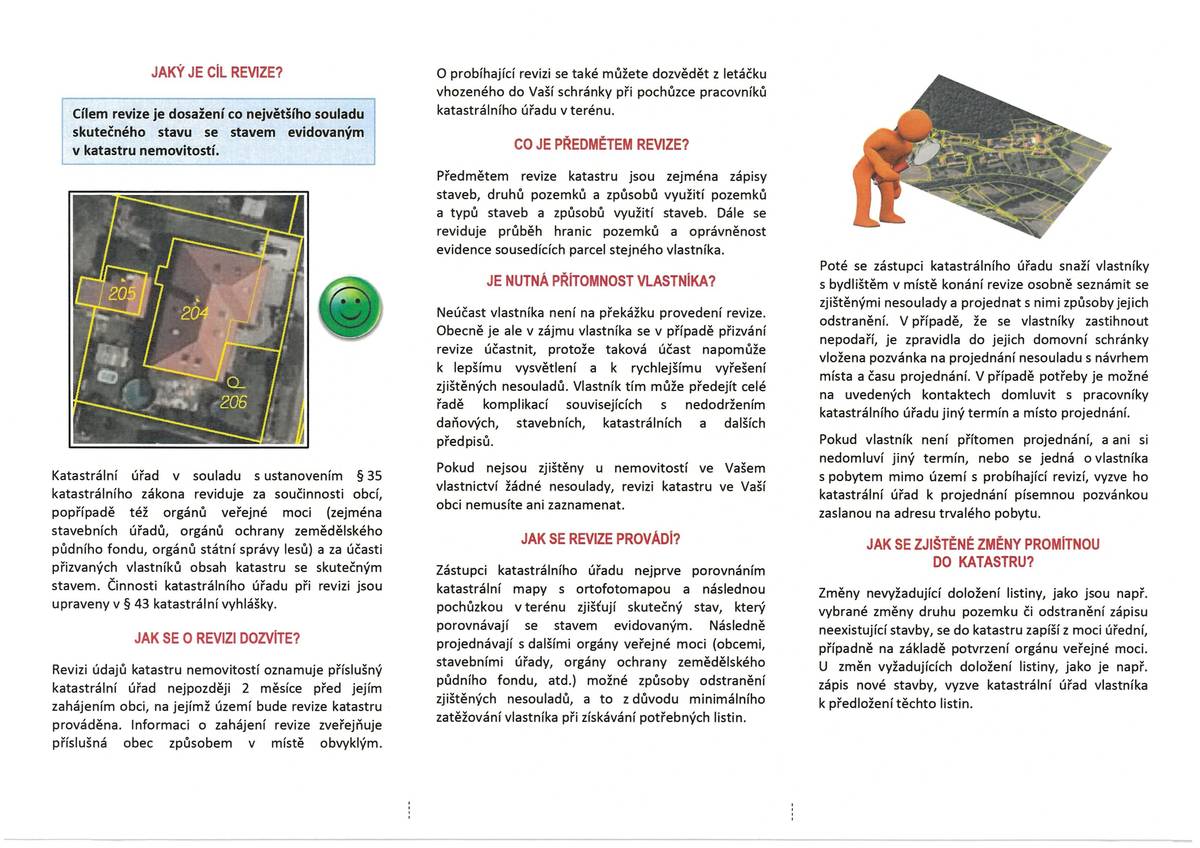 Vážení občané, možná jste už byli informováni, že v naší obci v letošním roce proběhne revize katastru. Je možné, že se to dotkne i přímo vás, pokud nějaký nesoulad v katastru bude zjištěn, osloví vás přímo pracovníci katastrálního úřadu. Viz. letáček v příloze   Přejem vám krásný den   Obecní úřad