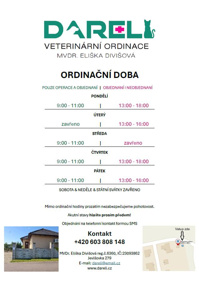 MVDr. Eliška Divišová oznamuje, že v termínu od 2.2. do 6.2.2026 bude veterinární ordinace uzavřena.