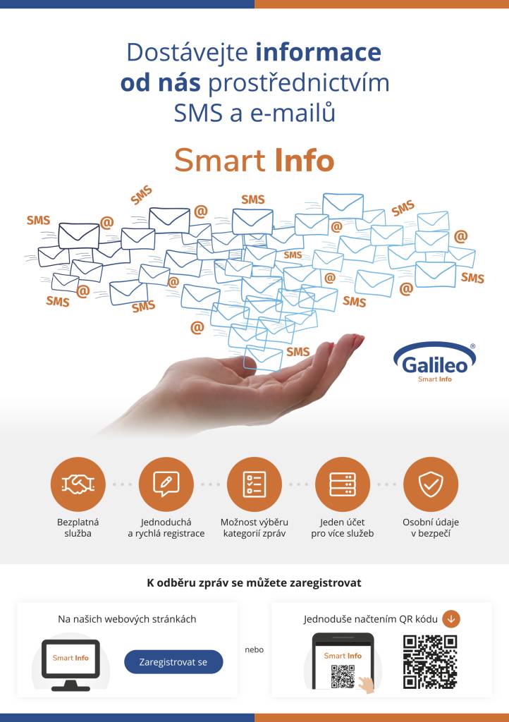 Zaregistrujte se k odběru novinek na našich webových stránkách a získejte informace prostřednictvím SMS nebo e-mailu. Služba Smart Info je bezplatná a snadná na registraci, což vám umožní mít přehled o důležitých událostech.