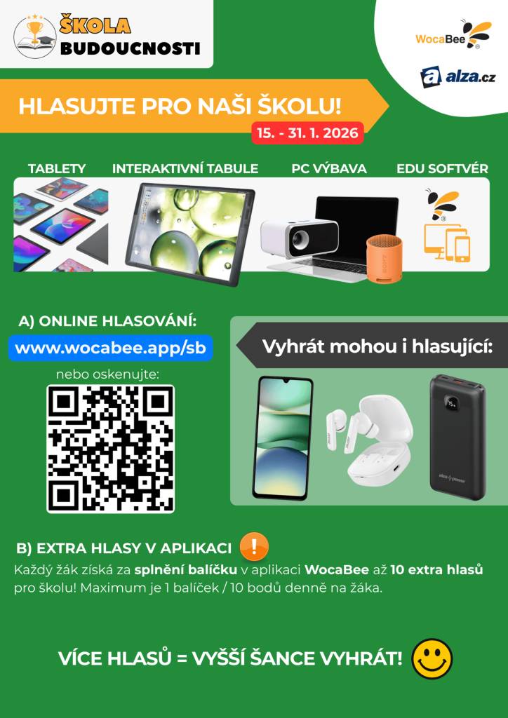 Základní škola a Mateřská škola Chotíkov má šanci vyhrát výbavu pro moderní výuku!  Hlasujte (online) v období 15. - 31. 1. 2026!   Můžete vyhrát mobil, powerbanku a bluetooth sluchátka. Hlasování probíhá online pomocí e-mailu (max. 1 hlas denně) na: www.wocabee.app/sb