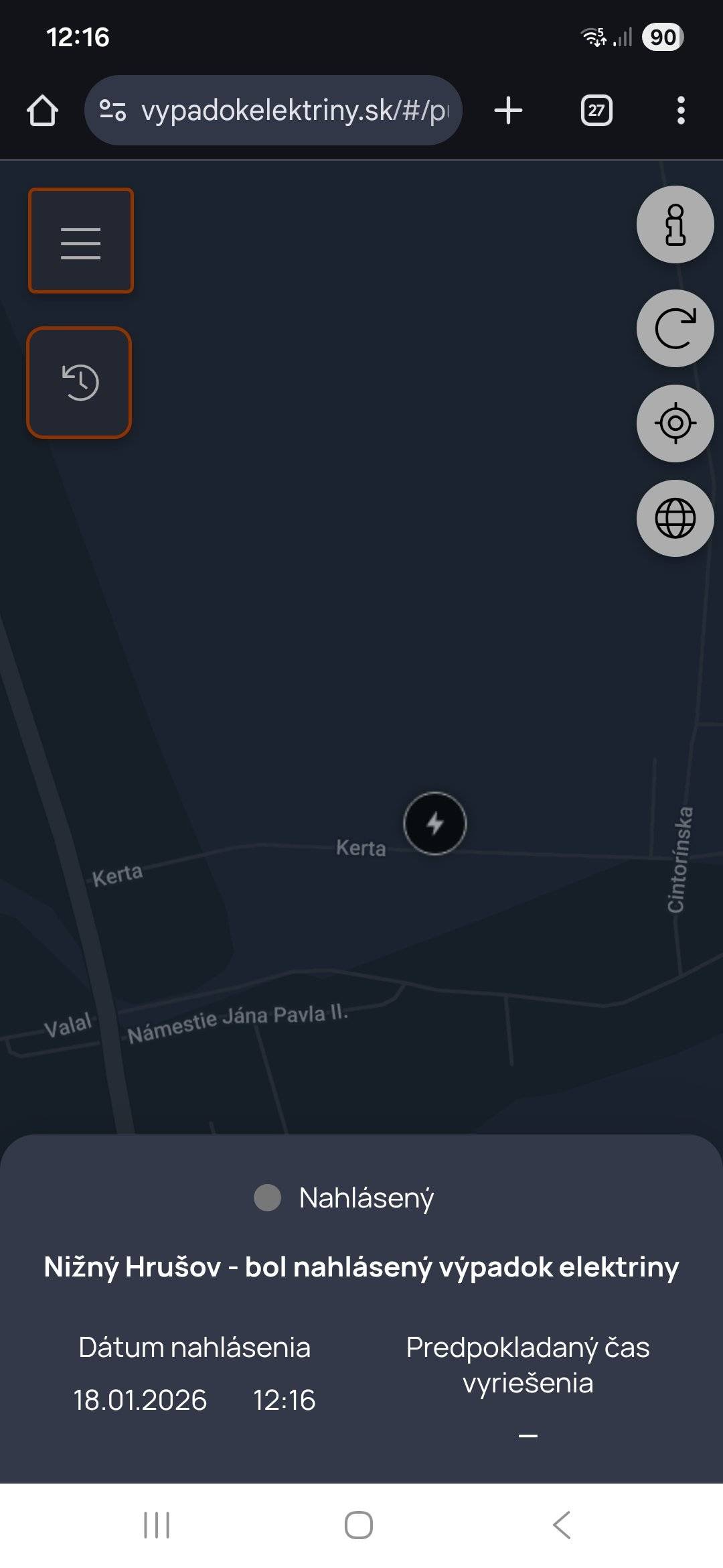 Výpadok elektrickej energie (jednej fázy) na ulici Kerta je nahlásený na VSD.  Ak máte podobný problém aj na inej ulici, problém nahláste na: www.vypadokelektriny.sk  Na rovnakej stránke máte možnosť sledovať predpokladaný čas opravy.