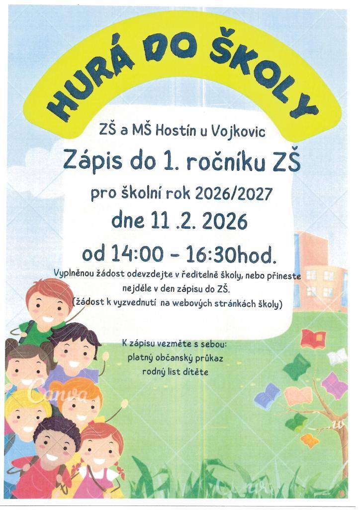 Zápis do 1. ročníku základní školy pro školní rok 2026/2027 proběhne 11. února 2026 od 14:00 do 16:30 hodin. Rodiče by měli vyplněnou žádost odevzdat v ředitelně školy nebo ji přinést v den zápisu. Žádost si mohou vyzvednout na webových stránkách školy. Při zápisu je důležité mít s sebou platný obča