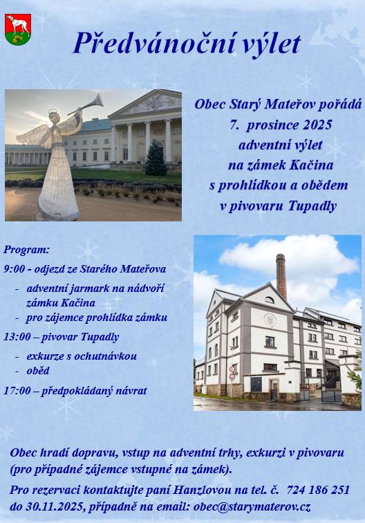 Vzhledem ke zrušeným rezervacím na adventní výlet, nabízíme volná místa. Prosíme zájemce o rezervování na tel. č. 724 186 251