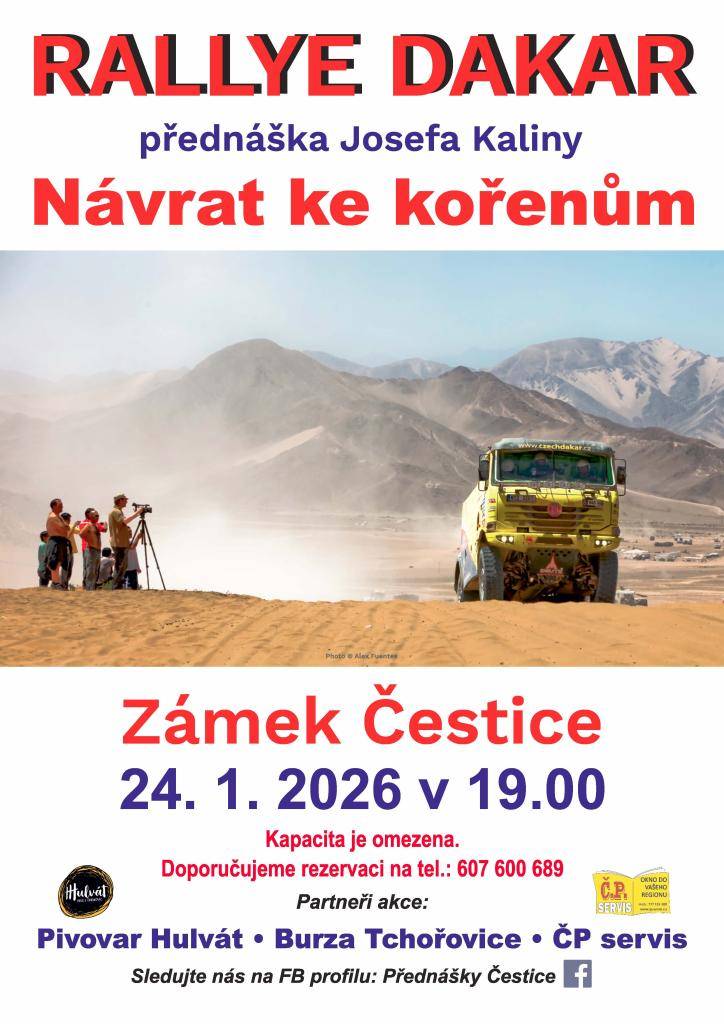 Přijďte si poslechnout zajímavé informace o Rallye Dakar na přednášce Josefa Kaliny. Akce proběhne 24. 1. 2026 v 19:00 v Zámku k Čestice. Vzhledem k omezené kapacitě doporučujeme rezervaci.