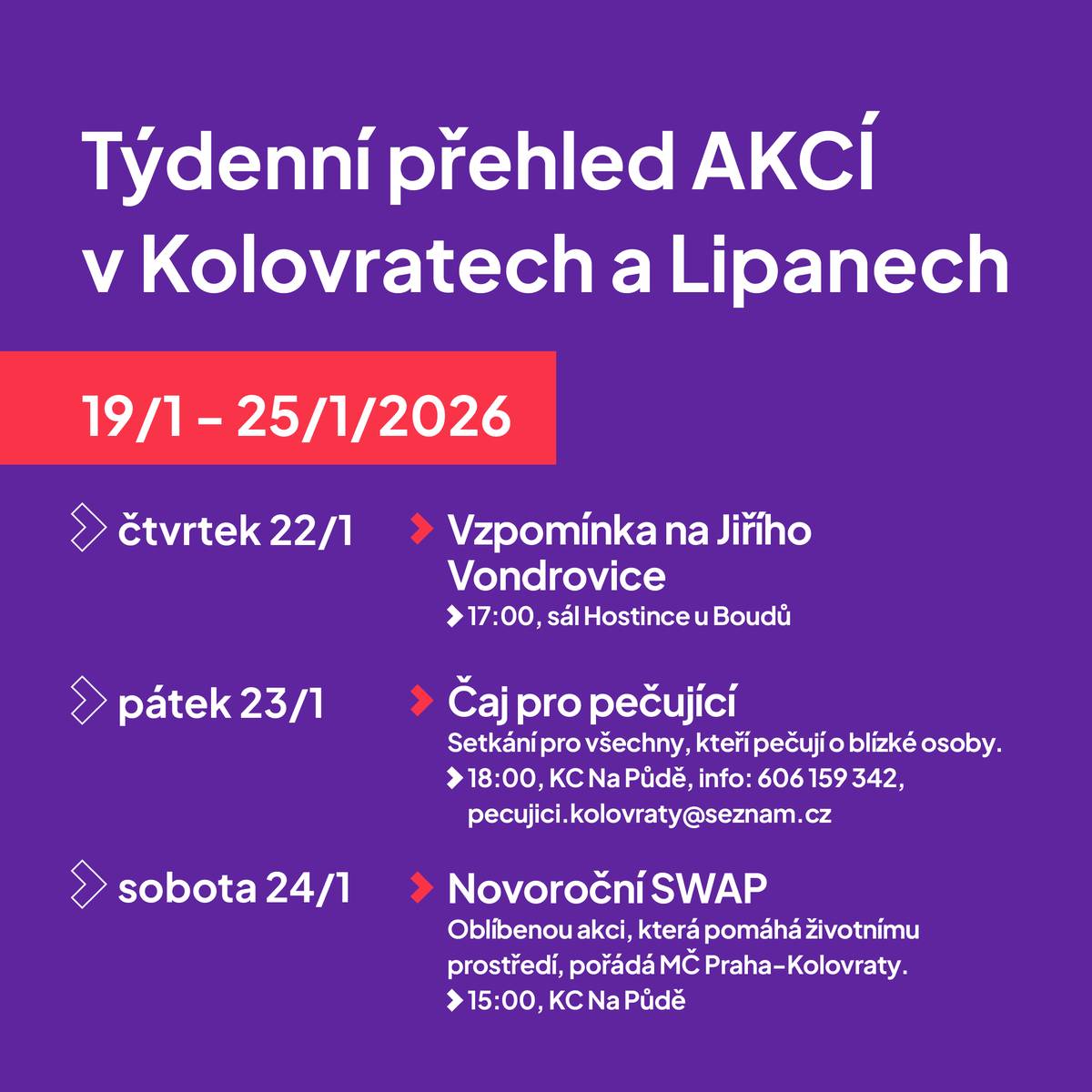 Tento týden zavzpomínáme na dlouholéto vedoucího souboru JazzBáby Jiřího Vondrovice, potkáme se u Čaje pro pečující a těšit se můžete také na SWAP.
