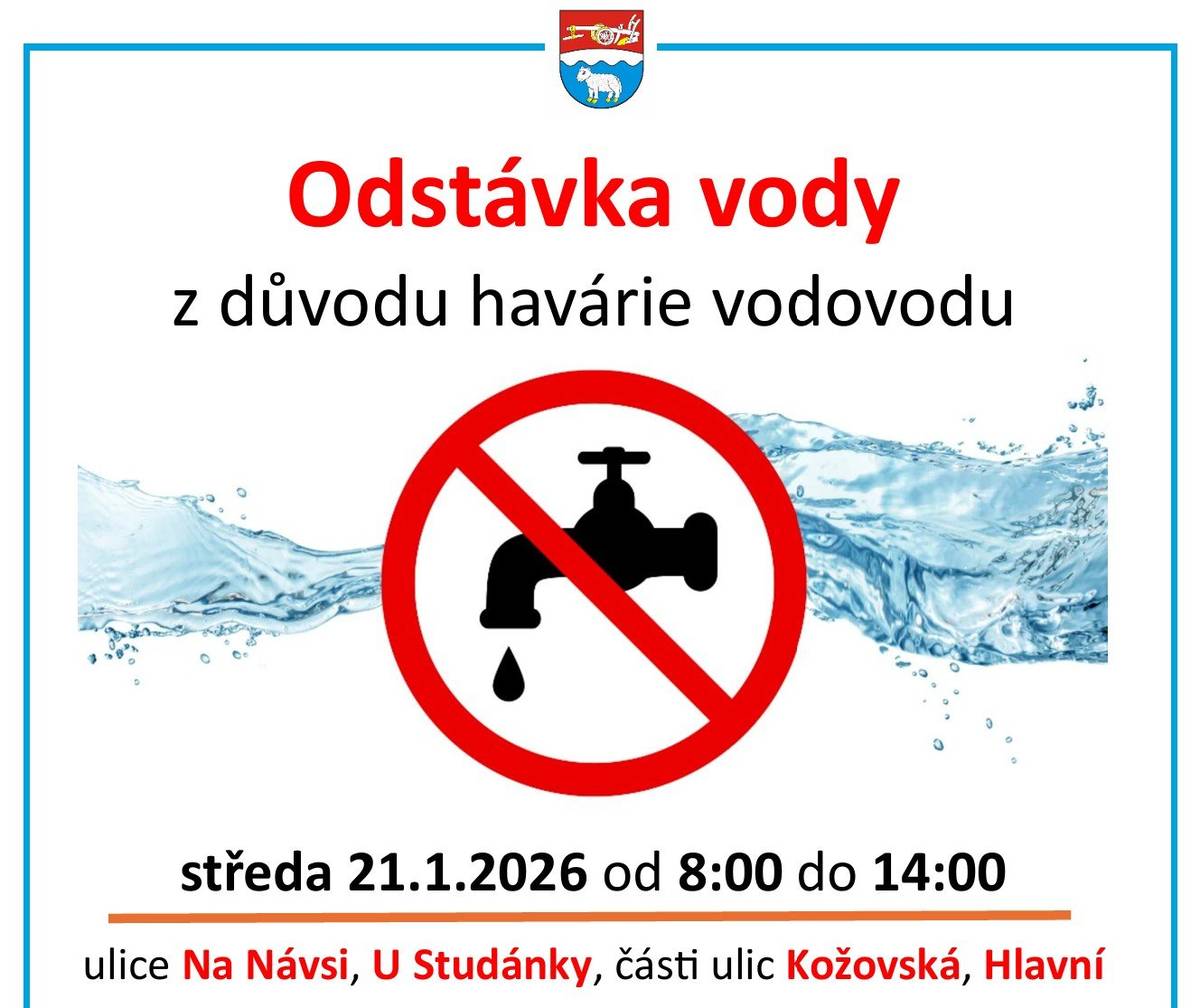 Odstávka vody s důvodu řešení havárie vodovodu Voda nepoteče ve středu 21. ledna od 8 do 14 hodin, týká se ulic Na Návsi, U Studánky, části ulic Kožovská a Hlavní