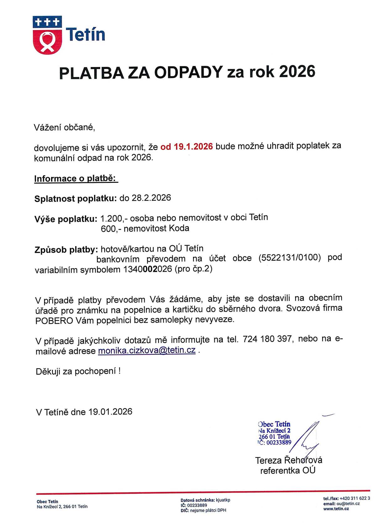 informace k platbě za odpady na rok 2026