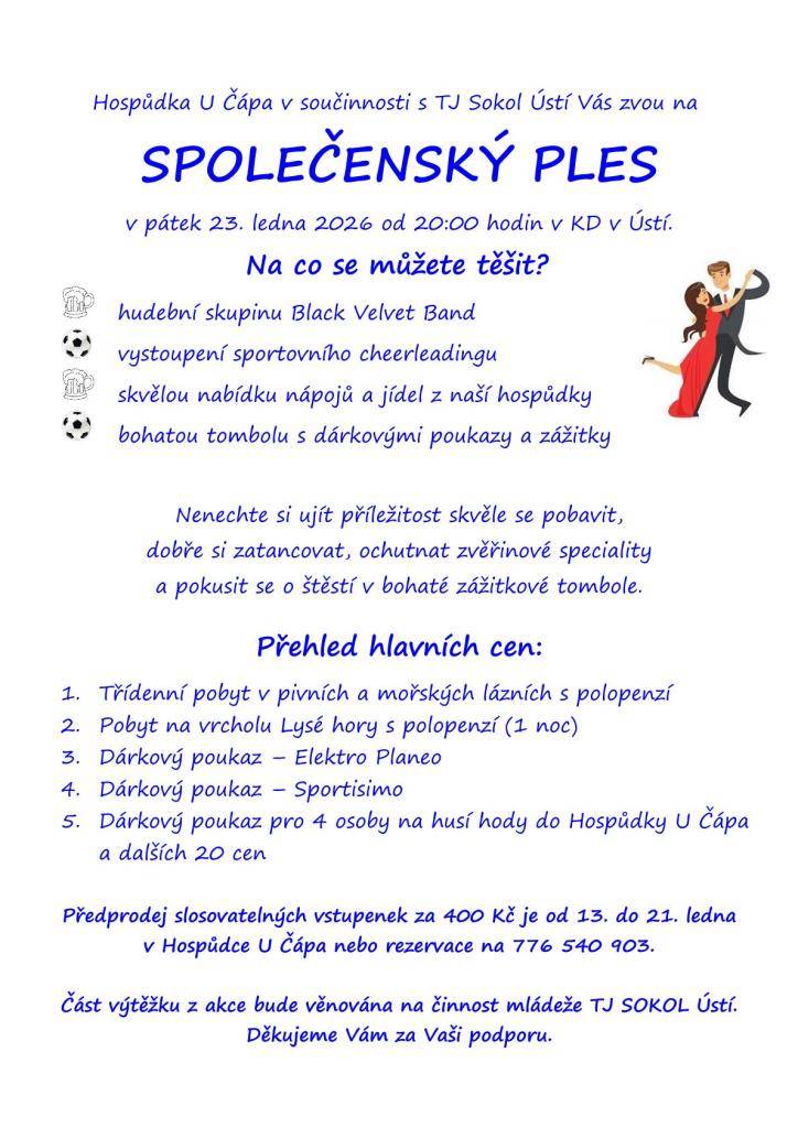 Zveme vás na společenský ples, který se uskuteční v kulturním domě v Ústí. Akce začne v 20:00 a můžete se těšit na bohatou tombolu, která bude přichystána pro všechny účastníky. Přijďte si užít příjemný večer plný zábavy a hudby.