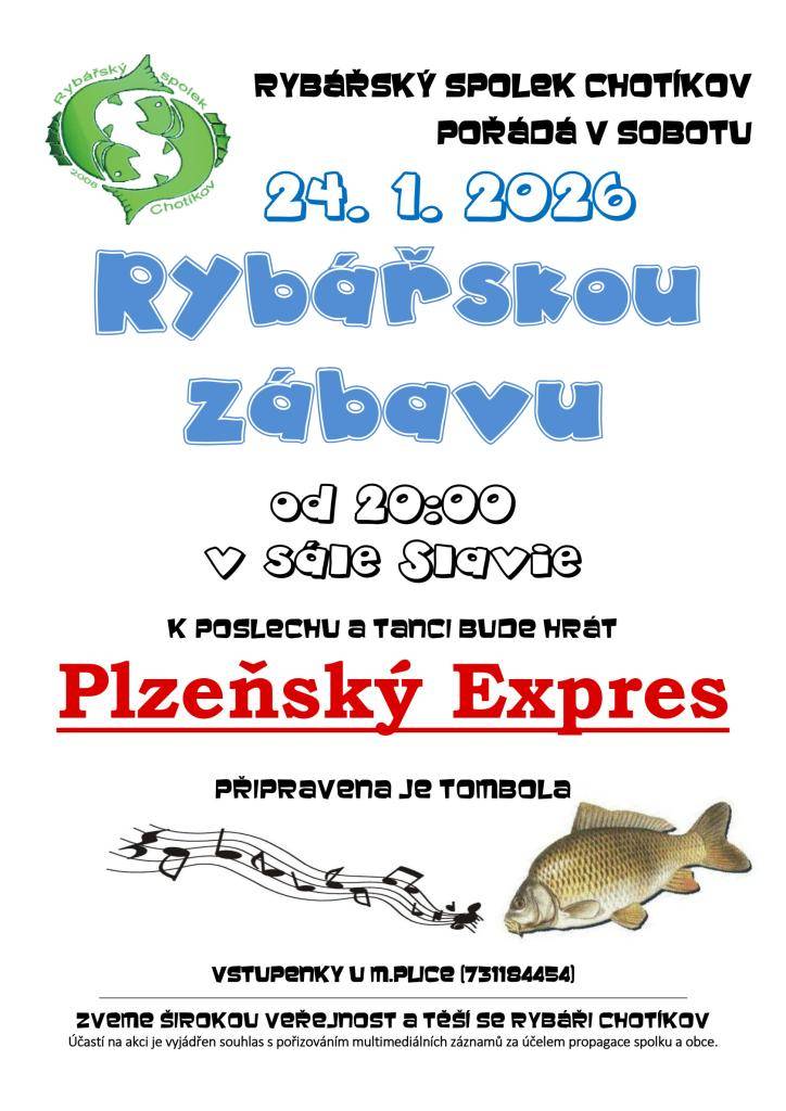 Rybářský spolek Chotíkov pořádá v sobotu 24. 01. 2026 Rybářskou zábavu.