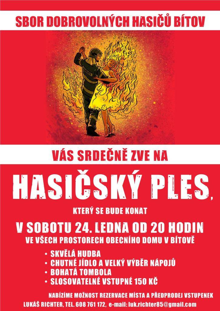 Zveme vás na Hasičský ples, který se koná v sobotu 24. ledna 2026 od 20:00 hodin v prostorách Obecního domu v Bítově.