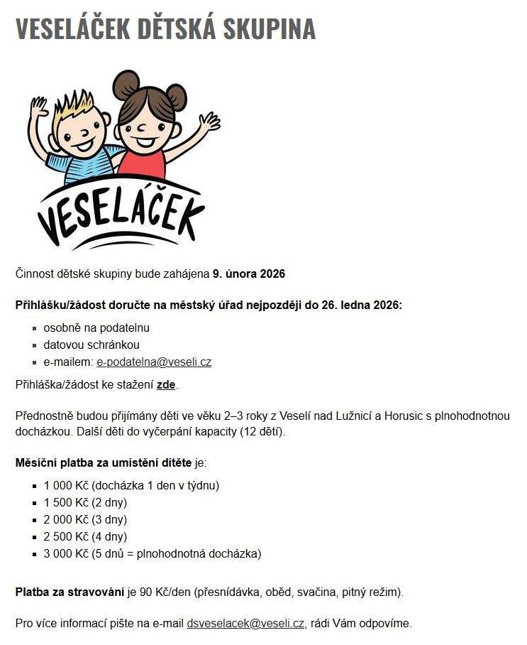 ADMINISTRATIVA ℹ️ během týdne byly finalizovány všechny dokumenty pro provoz dětské skupiny (provozní řád, plán péče, kritéria apod.) ℹ️ ve středu byl požádán zástupce České spořitelny o zavedení platebního terminálu na Infocentrum města Veselí nad Lužnicí ℹ️ ve středu proběhla schůze rady města STAVEBNÍ PRÁCE A ÚDRŽBA ℹ️ sněžení a následné tání sněhu vyvolalo další vlnu zimní údržby ℹ️ ve čtvrtek bylo dokončeno zastínění terasy u objektu dětské skupiny Veseláček ℹ️ ve čtvrtek byla odstraněna dlouhodobě nepoužívaná trafostanice mezi tenisovými kurty a bývalým areálem Jihotvaru ZAJÍMAVOSTI ℹ️ ve čtvrtek překročil facebookový profil města hranici 4 tis. sledujících a zároveň získal Zlatý lajk za 3. místo v krajském kole soutěže o nejlepší FB profily ℹ️ na začátku týdne byly na Hokejce zahájeny stavební úpravy vnitřních prostor tak, aby v polovině února mohla přivítat návštěvníky