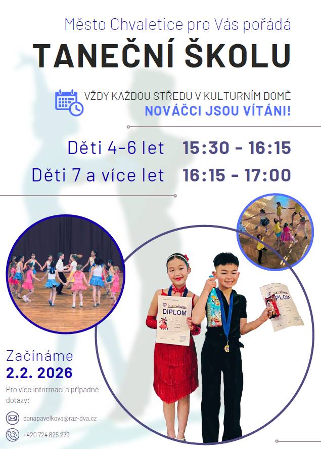 TANEČNÍ ŠKOLA pro děti od 2.2.2026 v Kulturním domě Chvaletice.
