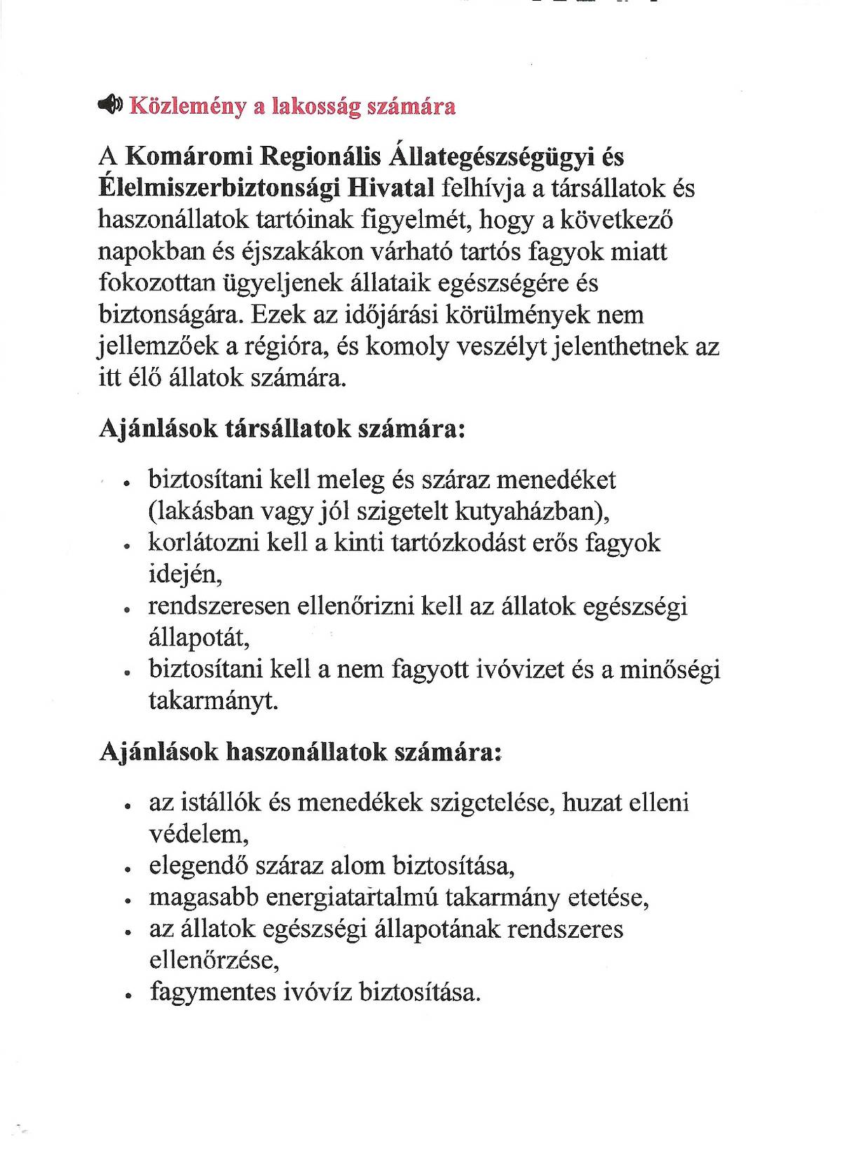 Értesítés a lakosság számára