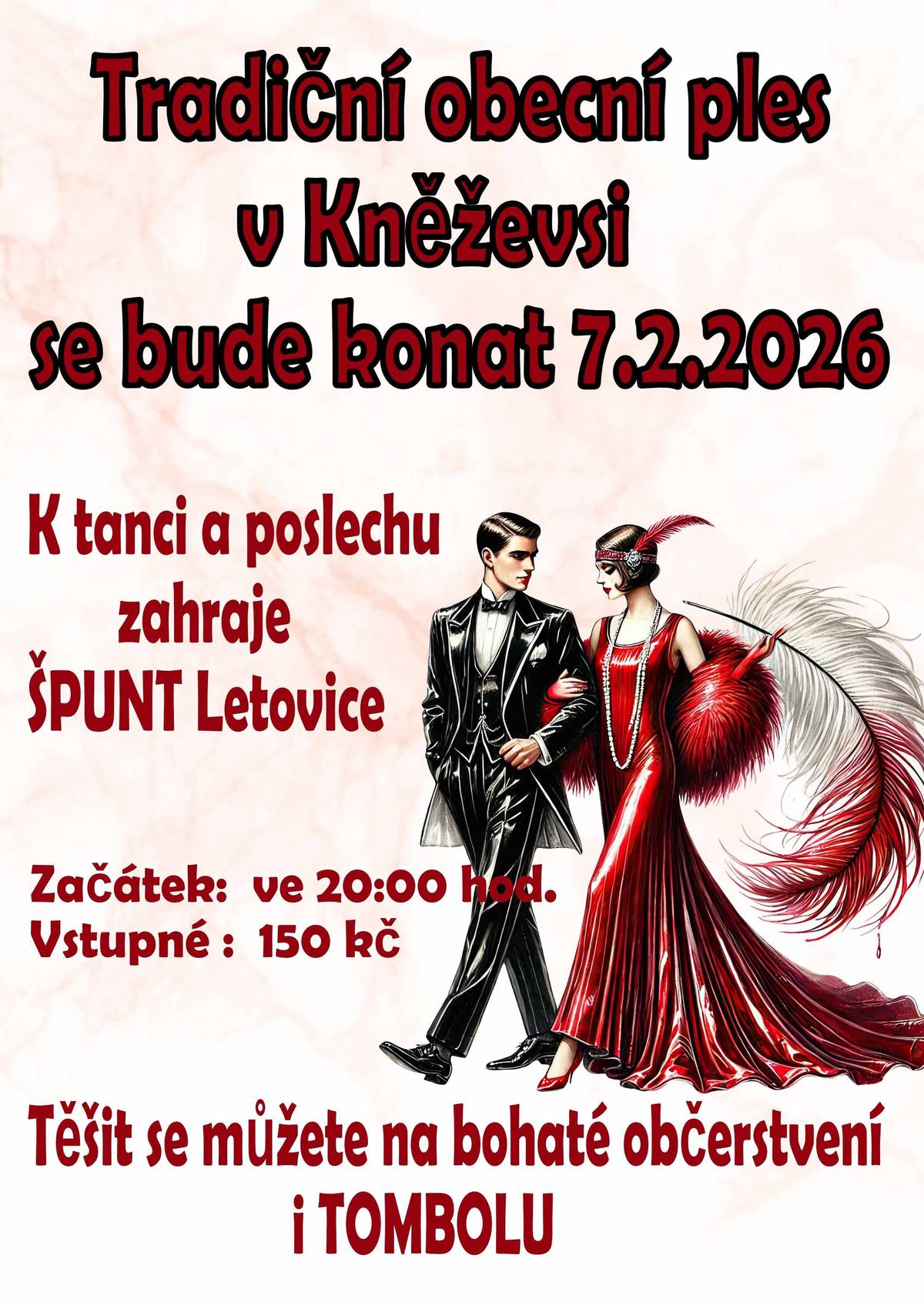 Pozvánka na tradiční obecní ples v Kněževsi, který se bude konat 7. února 2026.