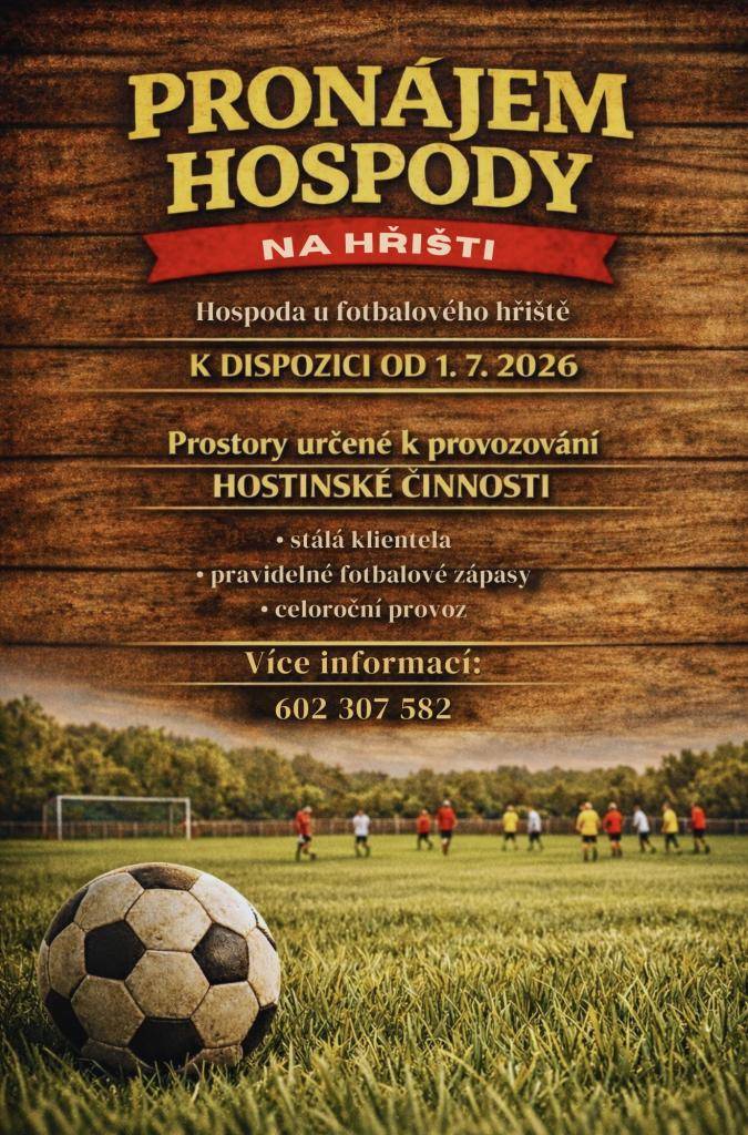 Nabízíme pronájem hospody na fotbalovém hřišti. Tento prostor je ideální pro ty, kteří chtějí vytvořit příjemné místo pro místní i návštěvníky, zejména během fotbalových zápasů. K dispozici je možnost celoročního provozu a dlouhodobého pronájmu.