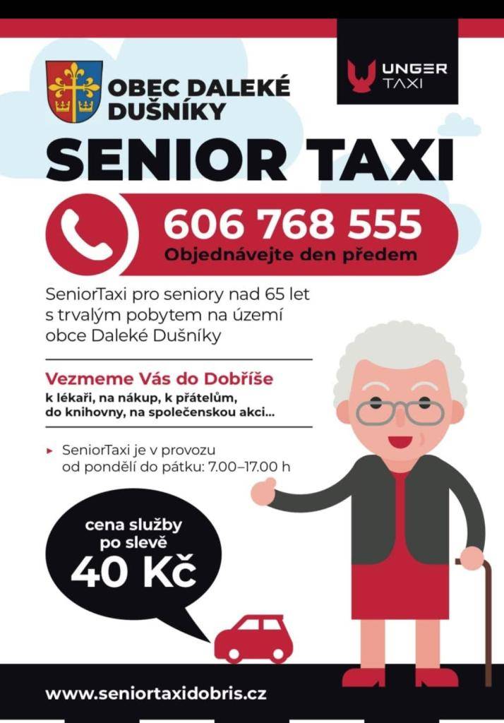 SeniorTaxi je služba určená pro seniory nad 65 let s trvalým pobytem v obcích Daleké Dušníky, Drulice a Spodní Skalice. Objednat přepravu si můžete den předem, a to od pondělí do pátku mezi 7.00 a 17.00 hodinou.