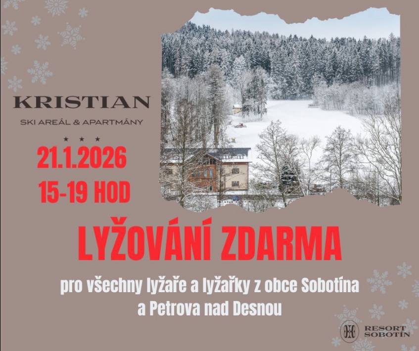 > ve středu 21.1.2026  > od 15 - 19 hodin lyžování ZDARMA pro všechny lyžaře a lyžařky z obce Sobotín a Petrova n ad Desnou.