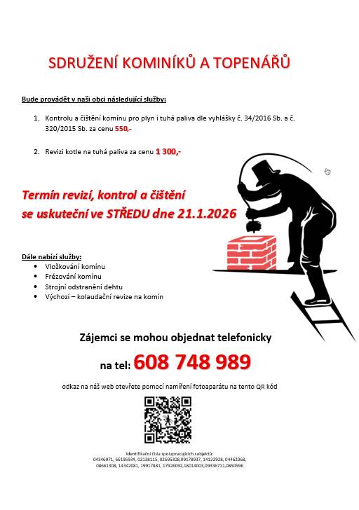 Termín revizí, kontrol a čištění se uskuteční ve středu 21.1.2026