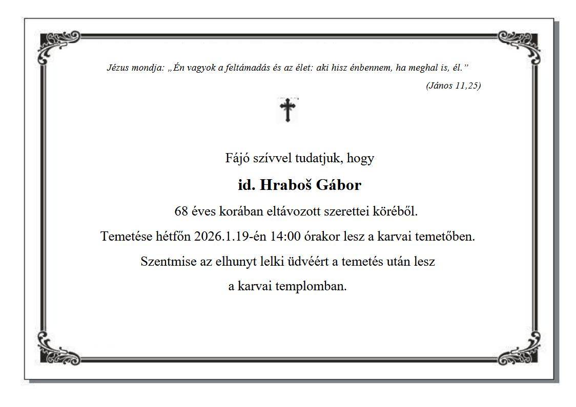 Oznámenie o úmrtí obyvateľa našej obce  Gyászjelentés falunk lakosának elhalálozásáról