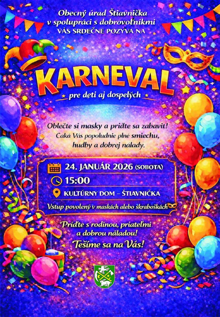 Karneval pre deti a dospelých 24.01.2026 o 15,00  hod.