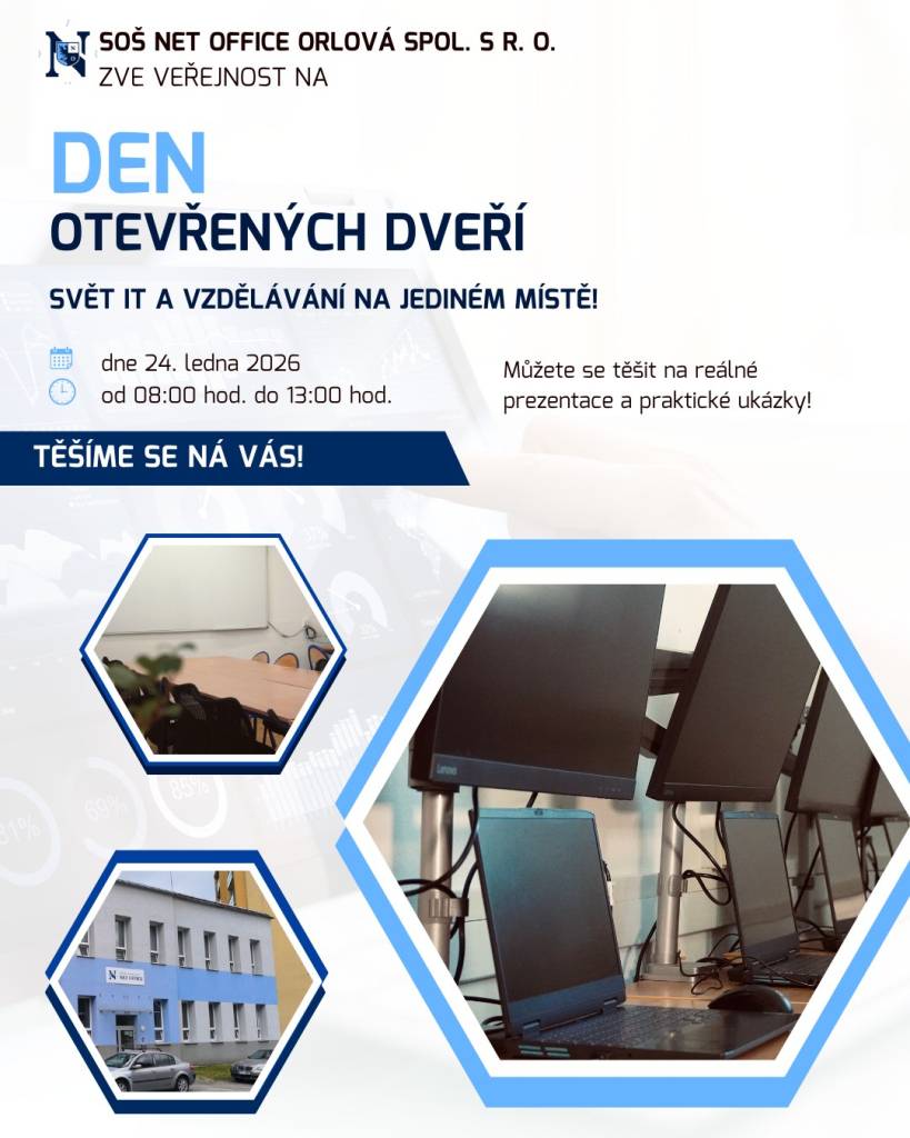 Zajímáš se o technologie, roboty, programování, hry, hardware nebo virtuální realitu? Pak určitě neváhej a zajdi v sobotu 24. ledna navštívit Střední odbornou školu NET OFFICE Orlová. Od 9 do 13 hodin tam mají Den otevřených dveří. Uvidíš svět IT a vzdělání na jednom místě. Nezapomeň ani na rodiče. Čekají vás interaktivní akti...