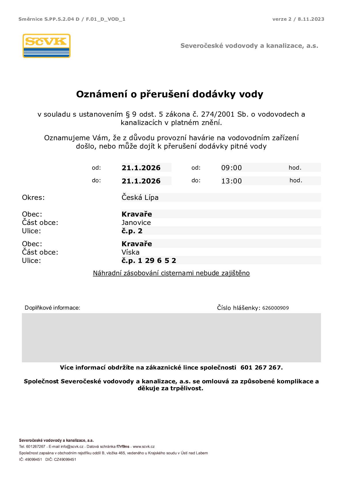 SČVK - Oznámení o přerušení dodávky vody dne 21.1.2025 od 9.00 do 13.00 v části obce Janovice, č.p. 2, a Víska č.p. 1, 2, 5, 6 a 29. Náhradní zásobování cisternami nebude zajištěno.