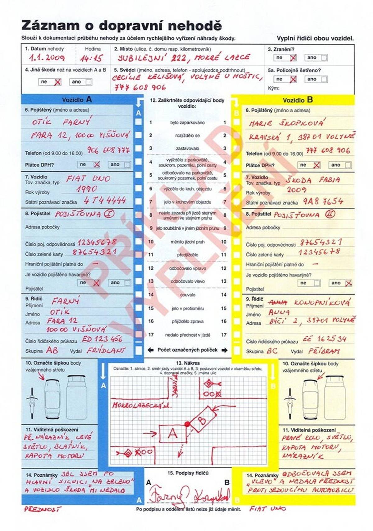 Znalost základních pravidel při dopravní nehodě může ochránit zdraví, předejít dalším škodám a urychlit řešení celé situace. Základní postup po nehodě   Zachovejte klid a dbejte především na bezpečnost.   Zastavte vozidlo, vypněte motor, zapněte výstražná světla a oblékněte si reflexní vestu.   Označte místo nehody výstražným trojúhelníkem (mimo obec cca 50 m, na dálnici alespoň 100 m).   Pokud je to možné, přesuňte se mimo vozovku a neohrožujte sebe ani ostatní.   Řiďte se pokyny složek integrovaného záchranného systému.   Kdy není nutné volat Policii ČR Policii není nutné volat, pokud:   nedošlo ke zranění osob,   nebyl poškozen majetek třetí osoby (např. dopravní značení, svodidla, plot),   škoda na žádném z vozidel nepřesahuje 200 000 Kč,   účastníci se dohodnou na viníkovi,   vozidla nebrání plynulosti provozu.   V takovém případě se nehoda řeší vyplněním záznamu o dopravní nehodě (euroformuláře) – papírově nebo online na webu bouračka.cz. Účastníci si musí vyměnit údaje, nafotit místo nehody a poškození vozidel a vše nahlásit své pojišťovně. Kdy je nutné Policii ČR volat Policii volejte vždy, pokud:   dojde ke zranění nebo úmrtí osoby,   škoda přesáhne 200 000 Kč,   je poškozen majetek třetí osoby,   účastníci se nedohodnou na viníkovi,   existuje podezření na alkohol nebo jiné návykové látky.   Při zranění osob volejte také záchrannou službu na lince 155 nebo použijte aplikaci Záchranka. První pomoc poskytujte pouze tehdy, pokud tím neohrozíte sebe. Pozor na střet se zvěří Srážku se zvěří je nutné oznámit policii a pojišťovně. Událost vždy zdokumentujte fotografiemi (vozidlo, zvíře nebo stopy střetu). Pamatujte Řidič má ze zákona povinnost po nehodě zastavit, zajistit místo události, poskytnout první pomoc a přivolat pomoc podle okolností. Ujetí z místa nehody je přestupek, za který hrozí vysoké sankce včetně zákazu řízení.