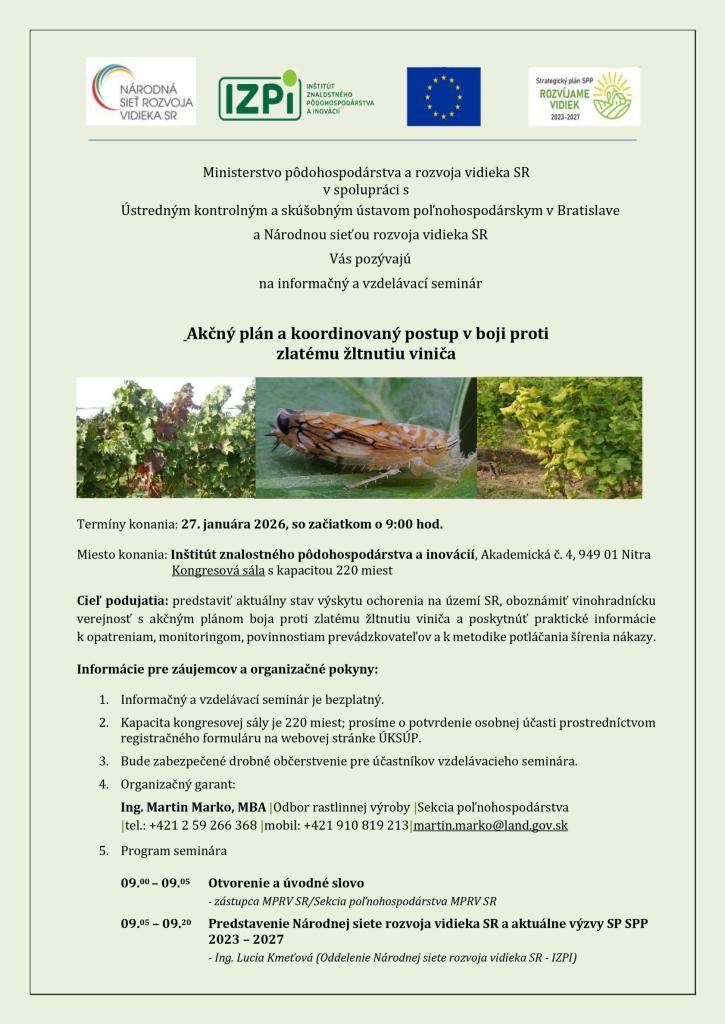 Pozvánka na odborný seminár od Ústredného kontrolného a skúšobného ústavu poľnohospodárskeho v Bratislave, ktorý sa bude konať 27. januára 2026 v Nitre.