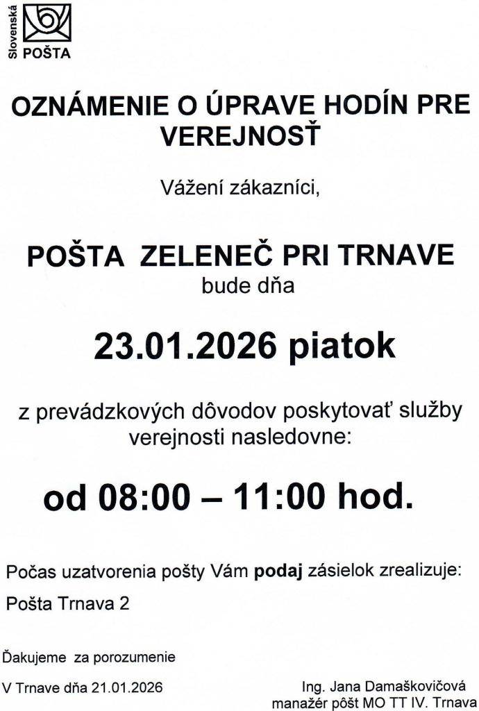 Úprava hodín pre verejnosť dňa 23.1.2026 (t.j. v piatok)