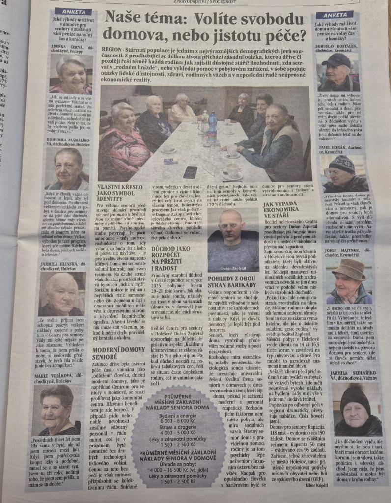 V aktuálním vydání Týdeníku Kroměřížska, který vychází pravidelně každé úterý, vyšel článek věnovaný Centru pro seniory Holešov.   Otevírá téma důstojného stáří a přináší pohled na naši každodenní práci i zkušenosti s hledáním rovnováhy mezi svobodou domova a jistotou odborné péče.