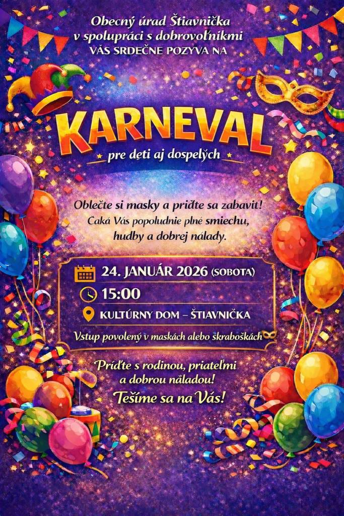Karneval pre deti a dospelých 24.01.2026 (sobota) o 15,00 hod.