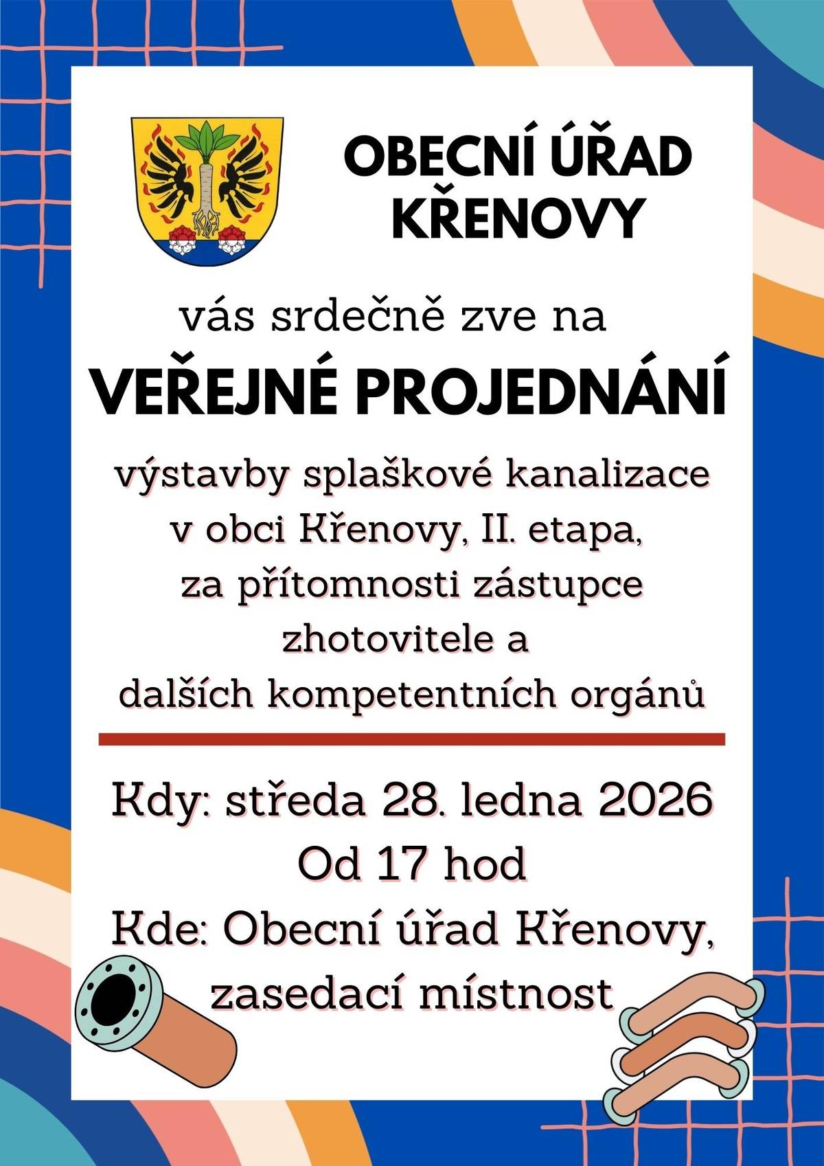 OÚ Křenovy vás zve ve středu 28.1.2026 od 17 hod na veřejné projednání výstavby splaškové kanalizace za přítomnosti zhotovitele.