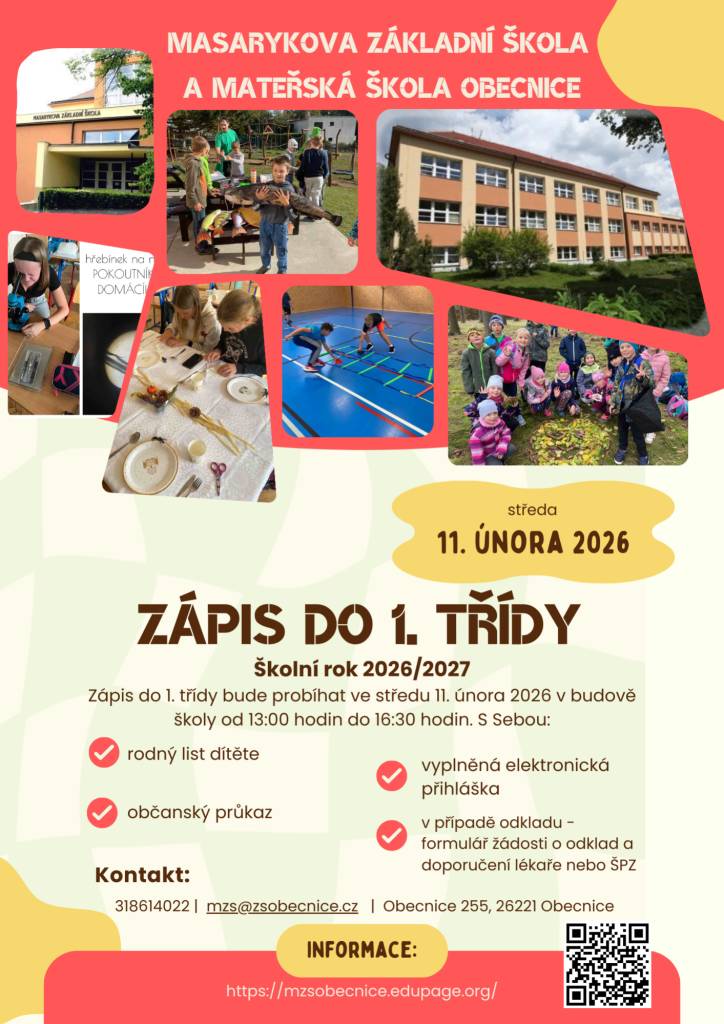 Masarykova základní škola a mateřská škola Obecnice uskuteční 11. února 2026 zápis do 1. třídy na školní rok 2026/2027