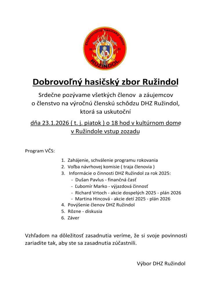 DHZ Ružindol srdečne pozýva všetkých členov a záujemcov o členstvo na výročnú členskú schôdzu